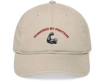Powered By Protein Hat, Embroidered Gym Cap, Funny Fitness Hat, Weightlifting Baseball Cap, Gym Lover Gift, Bodybuilding Hat
