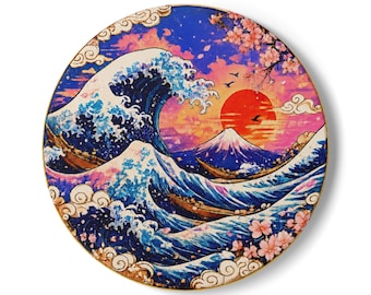 Ceramiczna podstawka pod kubek z motywem japońskiej sztuki ukiyo-e | Tradycyjny wzór fali