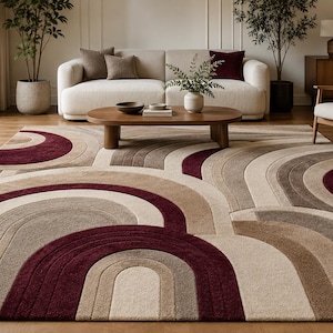 Burgundy Beige Geometric Area Rug, Mid Century Modern Rug, Abstract Arch Pattern Rug, Hand Tufted Wool Living Room Rug