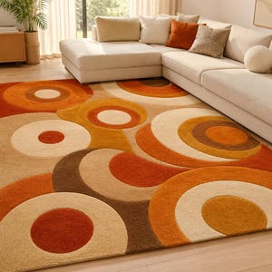 Mid Century Modern Geometric Rug, Retro Circle Area Rug, Abstract Orange Brown Cream Carpet, Tufted Living Room Decor