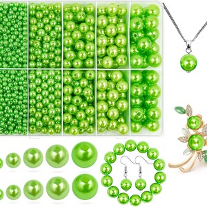 Grass Green Pearl Beads for Jewelry Making, 1750pcs Green Pearl Craft Bead with Hole 4mm 6mm 8mm 10mm 12mm Loose Spacer Bead for Necklace