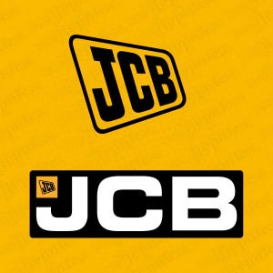 Op de afbeelding: Het JCB-logo wordt in twee varianten weergegeven tegen een effen gele achtergrond. De bovenste versie bevat zwarte letters in een schuin geplaatst geel trapezium met een zwarte rand. De onderste versie toont witte letters op een zwarte rechthoek.
