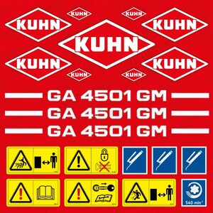 Peut inclure: Une planche d'autocollants avec plusieurs logos KUHN en losange rouge et blanc, le texte blanc GA 4501 GM, et diverses étiquettes de sécurité jaunes et bleues avec des icônes noires illustrant l'utilisation, l'entretien et les dangers.