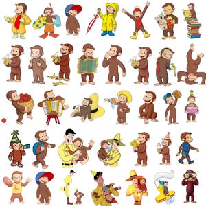 Könnte beinhalten: Eine Sammlung von Illustrationen, die einen braunen Affencharakter in verschiedenen Posen und Outfits zeigen, darunter mit Hüten, beim Halten von Bananen, beim Spielen von Instrumenten, im Umgang mit einer Person in Gelb und in einem kleinen gelben Flugzeug.