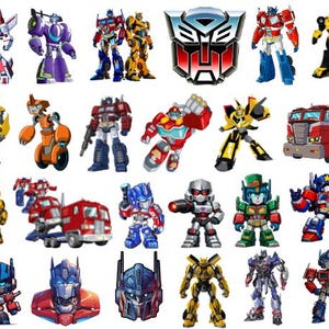 Può includere: Una collezione di illustrazioni dei personaggi Transformers che ritraggono Optimus Prime, Bumblebee e Megatron in varie pose, incluse forme robot e veicolo, insieme al logo dell'insegna Autobot nei colori rosso, argento e nero.