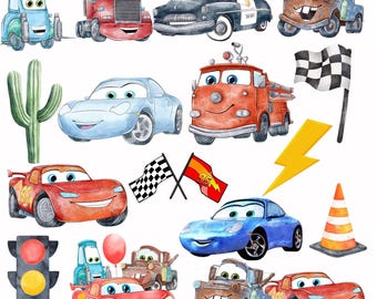 Cars Watercolor PNG Bundle, Lightning Mcqueen watercolor Png, Cars Clipart, Handdrawn watercolor Mater, Instant Digital Download
