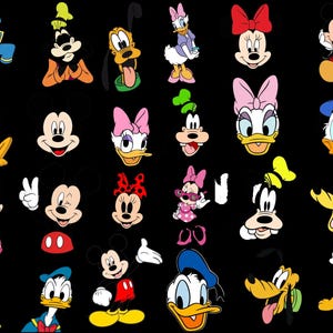 Może przedstawiać: Kolekcja kolorowych ilustracji postaci z kresk&oacute;wek na czarnym tle, przedstawiająca Myszkę Miki, Myszkę Minnie, Kaczora Donalda, Daisy, Goofy'ego i Pluto w r&oacute;żnych pozach, wyrazach twarzy i strojach, w tym w czapkach i z kokardami.