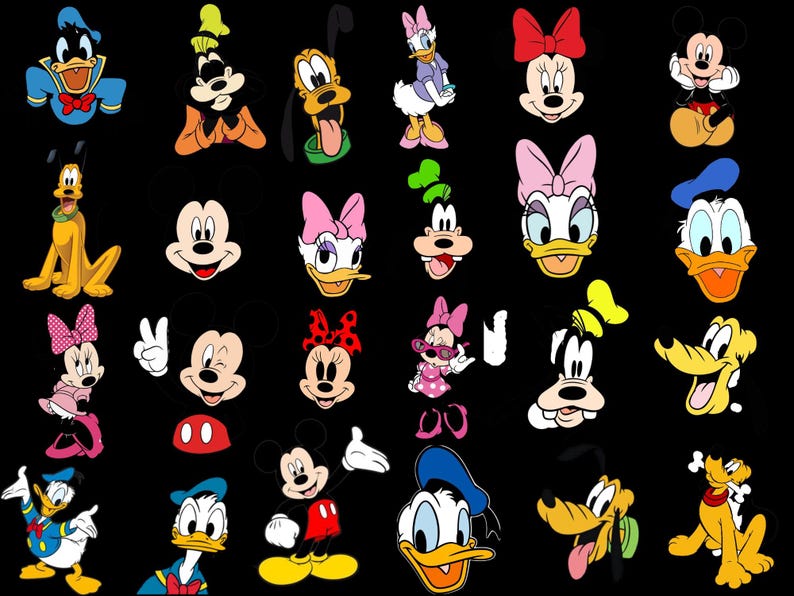 Może przedstawiać: Kolekcja kolorowych ilustracji postaci z kresk&oacute;wek na czarnym tle, przedstawiająca Myszkę Miki, Myszkę Minnie, Kaczora Donalda, Daisy, Goofy'ego i Pluto w r&oacute;żnych pozach, wyrazach twarzy i strojach, w tym w czapkach i z kokardami.