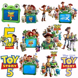 Op de afbeelding: Een verzameling Toy Story 5 afbeeldingen met Woody, Buzz Lightyear en diverse personages. De afbeeldingen bevatten een groen kikker-vormig tabletkader, het Toy Story 5 logo, een groot cijfer 5 en de promotietekst Feel It In 4DX.