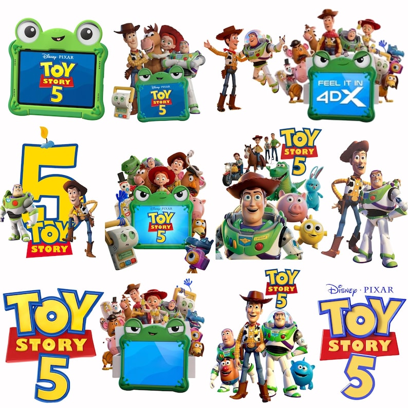 May include: A collection of Toy Story 5 themed graphics featuring Woody, Buzz Lightyear, and various characters. The images include a green frog-shaped tablet frame, the Toy Story 5 logo, a large number 5, and promotional text reading Feel It In 4DX.