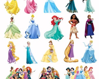 Princess PNG Cliparts Bundle, Princess Cartoon PNG Images, Birthday Theme Princesses Clipart Set, Transparent Background, Digital Download