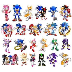 May include: A collection of digital character stickers featuring Sonic the Hedgehog, Tails, Amy Rose, Knuckles, Shadow, Blaze the Cat, Rouge the Bat, and other anthropomorphic figures in various dynamic poses, including some characters holding gold rings.