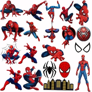 Könnte beinhalten: Eine Sammlung von Spider-Man-Aufklebern, die den Charakter in verschiedenen Action-Posen zeigen, darunter kauernd, springend und an Netzen hängend. Das Set enthält ein kreisförmiges Spinnenemblem, ein Maskensymbol, eine schwarze Spinnensilhouette und eine Skyline.
