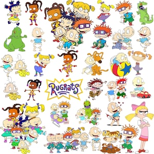 May include: A collection of colourful cartoon illustrations featuring the Rugrats characters, including Tommy, Chuckie, Angelica, Phil, Lil, and Reptar, arranged around the central purple and yellow Rugrats logo on a plain white background.