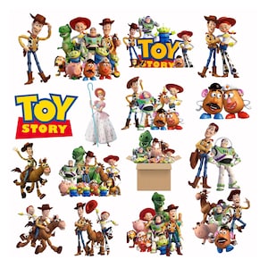 May include: A collection of Toy Story character stickers featuring Woody, Buzz Lightyear, Jessie, Bo Peep, Rex, Slinky Dog, Hamm, and Mr. and Mrs. Potato Head in various poses, along with the Toy Story logo and a cardboard box filled with toys.