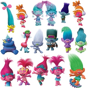 May include: A collection of sixteen colorful Trolls characters with tall, vibrant hair, diverse skin tones, and unique outfits. The figures feature expressive faces, varied poses, and distinct accessories like headphones, masks, and a surfboard, all isolated on a white background.
