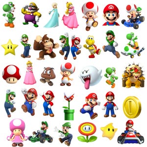May include: A collection of digital illustrations featuring various Super Mario characters including Mario, Luigi, Princess Peach, Toad, Yoshi, Wario, Donkey Kong, Bowser, and Boo, alongside game items like a gold coin, star, and mushrooms.