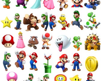 Super Mario Clipart PNG Bundle, Mario and Friends Clipart, Princess Peach png, Luigi png, Mario png, Mario Kart Clipart, Party Decor