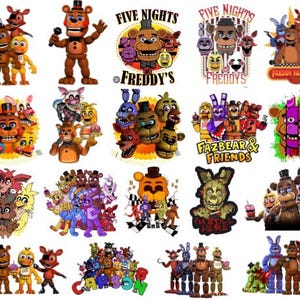 Può includere: Una collezione di illustrazioni digitali raffiguranti vari personaggi animatronici di Five Nights at Freddy's, tra cui Freddy Fazbear, Bonnie, Chica e Foxy in molteplici pose, composizioni di gruppo e design grafici colorati con testo.