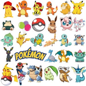 May include: A collection of colorful stickers featuring various Pokemon characters including Pikachu, Charmander, Squirtle, Bulbasaur, Eevee, Jigglypuff, and others, along with a Pokeball, balloons, and the blue and yellow Pokemon logo text.