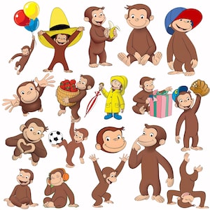 May include: A collection of illustrations featuring a brown monkey in various poses and outfits, including wearing a yellow hat, a yellow raincoat, and a blue baseball cap, holding balloons, a banana, a soccer ball, and a gift box.
