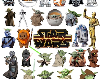 Star Wars Bundle SVG Files, Chibi Star Wars Clipart, Lightsaber Sticker, Star Wars Retro Png, Sublimation Designs, Mandalorian Png
