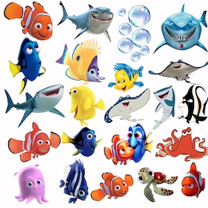 May include: A collection of colourful cartoon sea creatures including orange clownfish, blue tangs, a large grey shark, a sea turtle, a red octopus, a pink octopus, yellow tangs, and stingrays, all arranged against a plain white background.