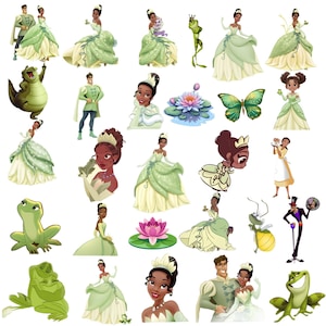 May include: A collection of digital stickers featuring characters and icons from The Princess and the Frog, including Tiana in various green gowns, Prince Naveen, a green frog, a firefly, a green alligator, a lotus flower, and a butterfly.