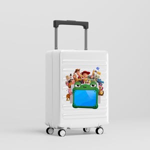 May include: A white rolling suitcase with a retractable handle and four wheels. The front features a graphic print of various animated characters from the Toy Story franchise positioned above a green frog-shaped frame with a blue center.