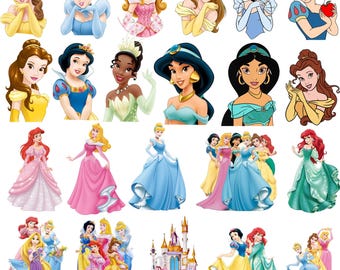 Princess PNG Cliparts Bundle, Princess Cartoon PNG Images, Birthday Theme Princesses Clipart Set, Transparent Background, Digital Download