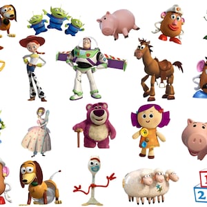 May include: A collection of animated character figures including a cowboy, cowgirl, space ranger, green aliens, pink pig, potato figures, dinosaur, horse, bear, doll, spork character, sheep, and three colorful blocks labeled with numbers 1, 2, and 3.