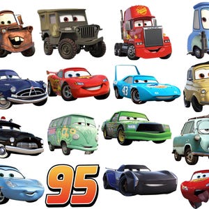 May include: A collection of animated vehicle characters from the movie Cars, including a rusty tow truck, a red race car, a blue sports car, a green van, and a black police car, accompanied by the large orange and black number 95 graphic.