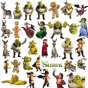 May include: A collection of Shrek characters including Shrek, Fiona, Donkey, Puss in Boots, Gingerbread Man, Lord Farquaad, and a red dragon. The characters are depicted in various poses and expressions, with the green Shrek logo text included.