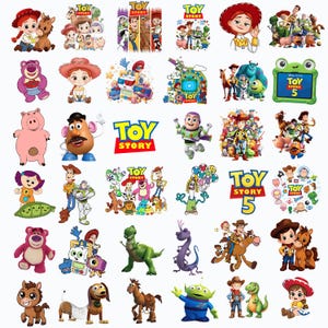 May include: A collection of Toy Story character illustrations featuring Woody, Buzz Lightyear, Jessie, Bullseye, Rex, Slinky Dog, Mr. Potato Head, Lotso, and the Aliens. The images include various group scenes, individual poses, and the Toy Story logo.