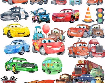 Cars Watercolor PNG Bundle, Lightning Mcqueen watercolor Png, Cars Clipart, Handdrawn watercolor Mater, Instant Digital Download