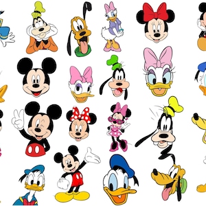 Puede incluir: Una colección de coloridas ilustraciones de personajes de dibujos animados que incluyen a Mickey Mouse, Minnie Mouse, el Pato Donald, Daisy, Goofy y Pluto en varias poses y expresiones, con figuras de cuerpo completo y retratos sobre fondo blanco.