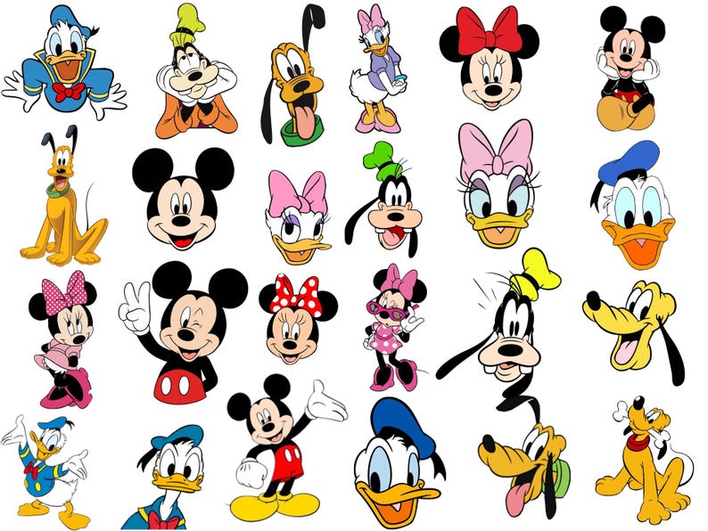 Może przedstawiać: Kolekcja kolorowych ilustracji postaci z kresk&oacute;wek przedstawiająca Myszkę Miki, Myszkę Minnie, Kaczora Donalda, Daisy, Goofy'ego i Pluto w r&oacute;żnych pozach i wyrazach twarzy, w tym pełne postacie i portrety na białym tle.