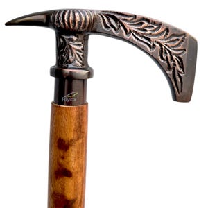 Vintage Walking Cane, Carved Axe Handle, Leaf Engravings, Solid Hardwood Staff