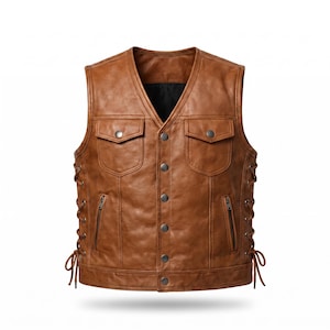 May include: A tan leather vest featuring a V-neckline, a front button closure with five silver-toned buttons, two chest pockets with button flaps, and two vertical zippered waist pockets. The sides include adjustable leather lace-up detailing.