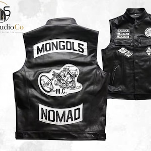 Mongols Nomad MC Black Leather Vest, Outlaw Biker Club Cosplay Rider Vest