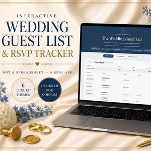 Op de afbeelding: Een laptop met een interactieve app voor een bruiloftsgastenlijst en RSVP-tracker. Het scherm toont een digitale interface met gastennamen en statuskolommen. De tekst op het scherm luidt: INTERACTIVE WEDDING GUEST LIST & RSVP TRACKER.