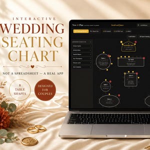 Peut inclure: Un ordinateur portable affichant une application interactive de plan de table de mariage avec une interface sombre montrant diverses dispositions de tables, listes d'invités et outils de planification, avec le texte Interactive Wedding Seating Chart.