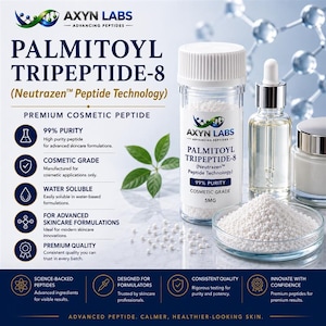 May include: A clear plastic bottle labeled Axyn Labs Palmitoyl Tripeptide-8 with Neutrazen Peptide Technology, 99% purity, and 5mg. Beside it sits a glass dropper bottle, a small jar, and a glass dish containing white granular powder.