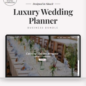Può includere: Un modello di download digitale per un pacchetto business per wedding planner di lusso progettato in Showit. Lo schermo mostra un sito web con il testo Eleanor & Co., Curating Timeless Romance e Inquire Now, con uno sfondo di tavola.