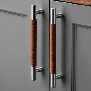 Genuine Leather Wrapped Long Pull: Minimalist Wardrobe Cabinet Handle