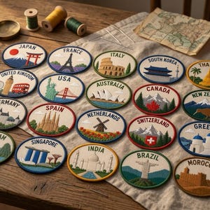 Könnte beinhalten: Eine Sammlung ovaler gestickter Aufnäher mit ikonischen Wahrzeichen und Ländernamen, darunter Japan, Frankreich, Italien, Südkorea, Thailand, Vereinigtes Königreich, USA, Australien, Kanada, Neuseeland, Deutschland, Spanien, Niederlande, Schweiz, Griechenland, Vietnam, Singapur, Indien, Brasilien und Marokko.