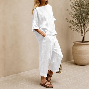 Cotton Linen Two Piece Outfit, Oversized Top, Loose Pants, Casual Lounge Set