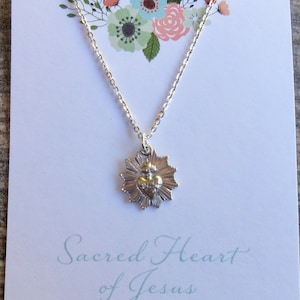 Radiant Sacred Heart of Jesus Necklace Sterling Silver vintage replica Catholic pendant 18" sterling cable chain MED21-NECK
