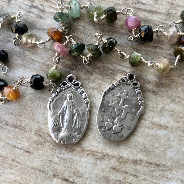 1pc Miraculous Medal Sterling Silver pendant oxidized finish 11mm x 20mm bracelet charm vintage replica Catholic pendant Mother Mary MED01