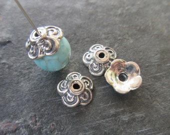 4pc  925 Sterling Silver Bead Caps oxidized silver 8mm flower bead cap Artisan style boho chic (BC104